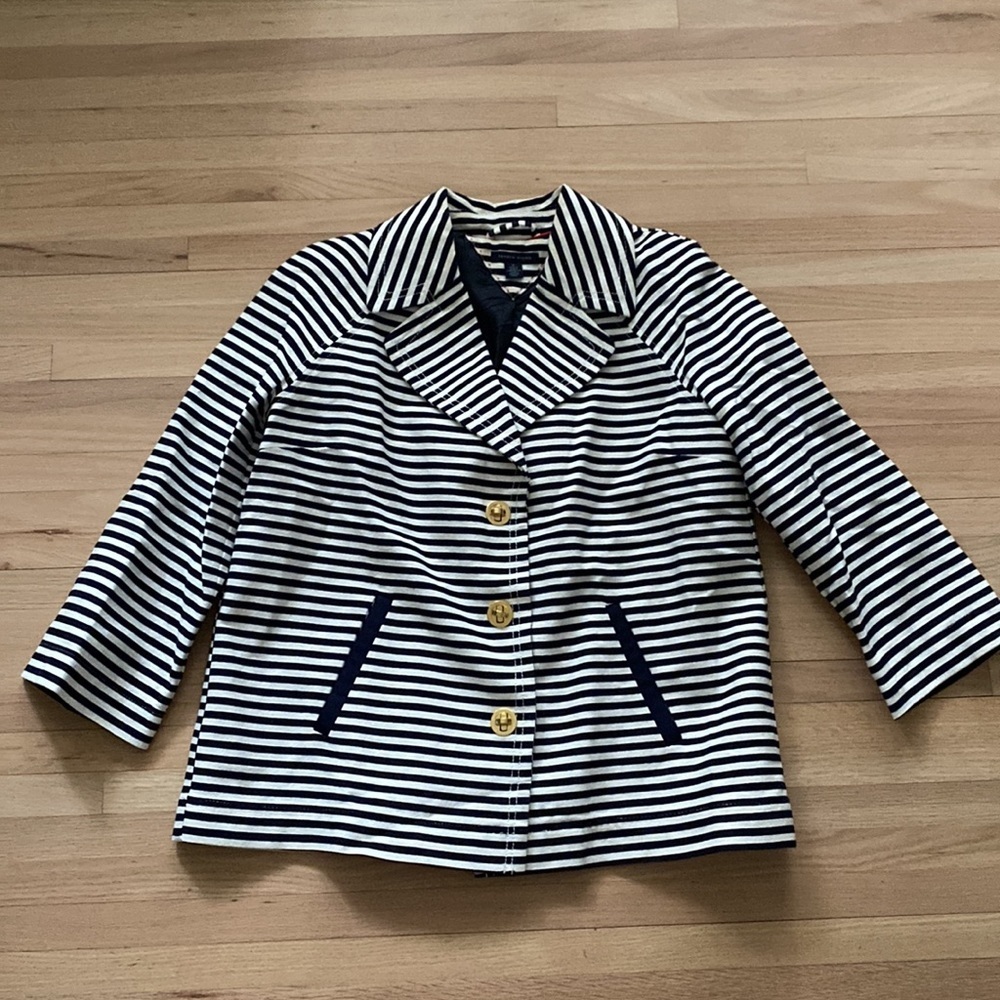 Tommy Hilfiger New Blue White Striped Pea Coat Sailors Jacket Blazer
